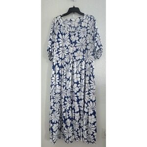 Sonoma Dress Womens XL Blue White Floral Button‎ Front Rayon Linen Cottage Boho